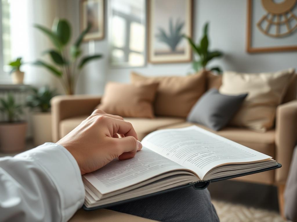 A serene therapy room with a comfortable couch and soft lighting. The focus is on a therapist's hand gently resting on an open notebook, symbolizing a personalized approach to therapy. The background should include calming artwork and plants, creating a warm and inviting atmosphere.