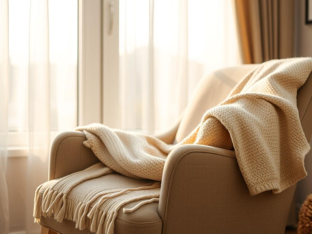A close-up shot of a cozy therapy chair with a soft throw blanket draped over it. In the background, a window reveals a gentle breeze moving sheer curtains, symbolizing openness and safety. The overall ambiance should feel warm and inviting.