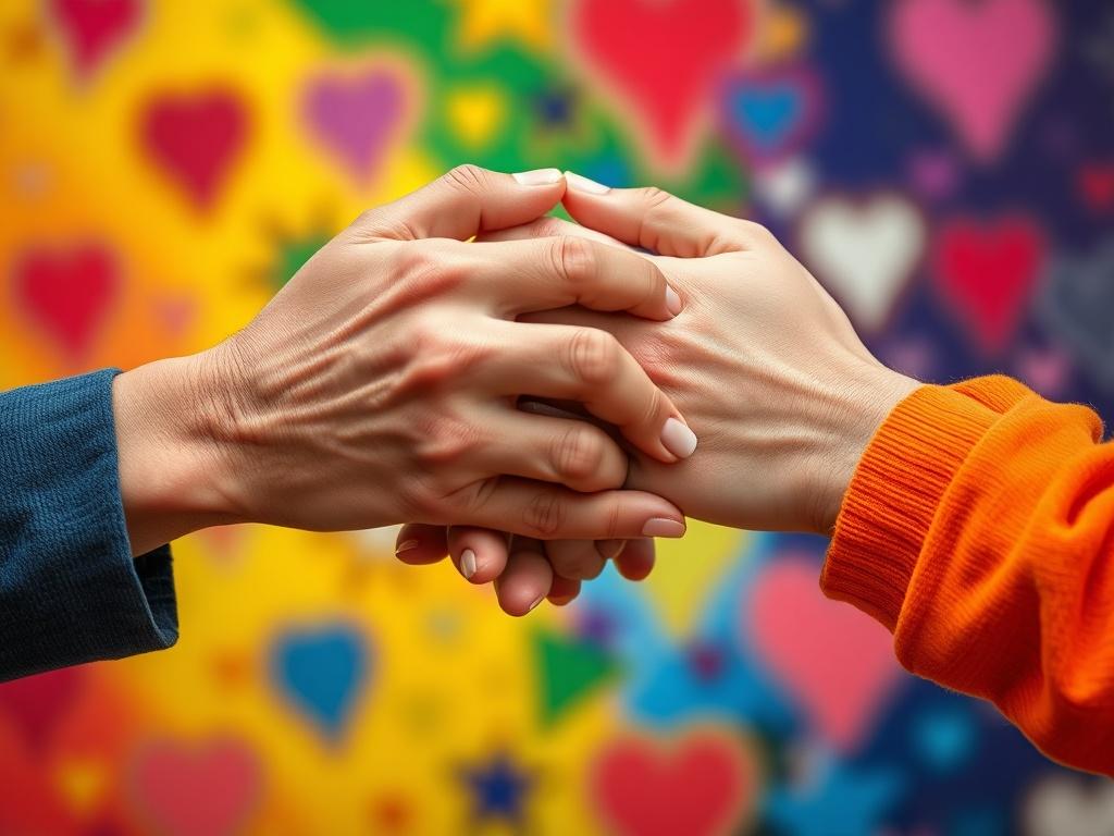 A close-up of hands intertwined, symbolizing diverse relationships, set against a vibrant backdrop representing inclusivity and love. The image should capture the warmth and connection between individuals, evoking a sense of belonging and acceptance. Shot with a 45mm f/1.2 lens to focus on the hands.