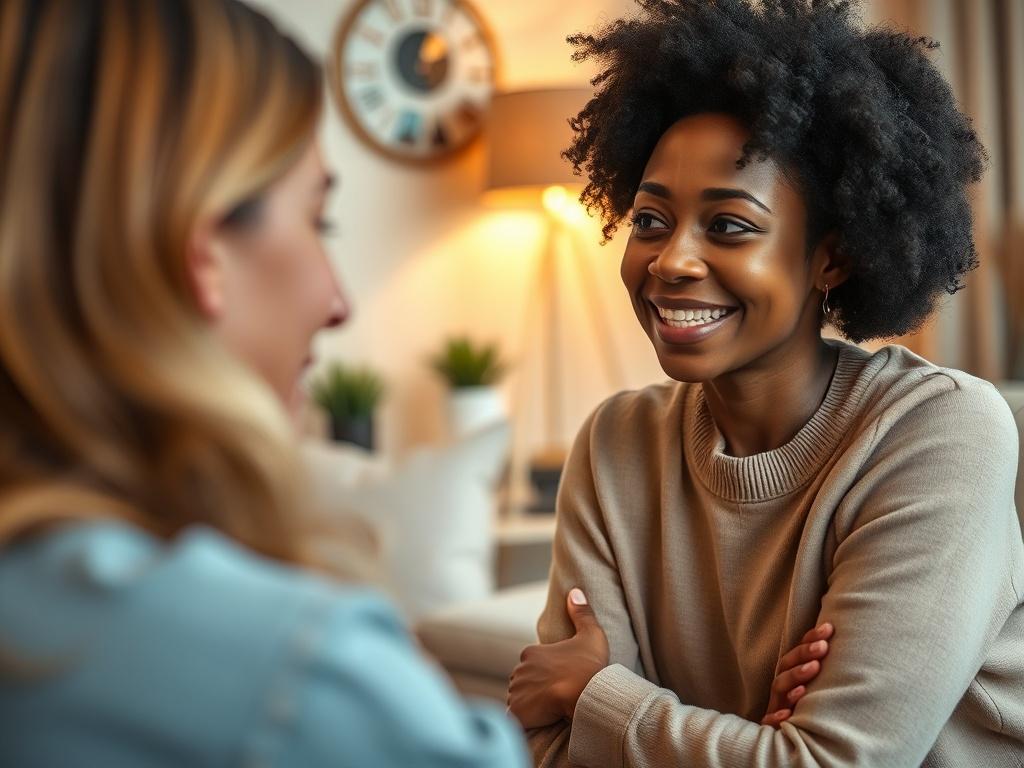 A close-up shot of a compassionate therapist listening intently to a client in a cozy, warmly lit room. The therapist is a woman of color, with an expression of empathy and understanding. The setting includes comfortable seating, soft lighting, and calming decor, creating a safe space for emotional healing. The focus is on the interaction between the therapist and the client, conveying a sense of trust and support.