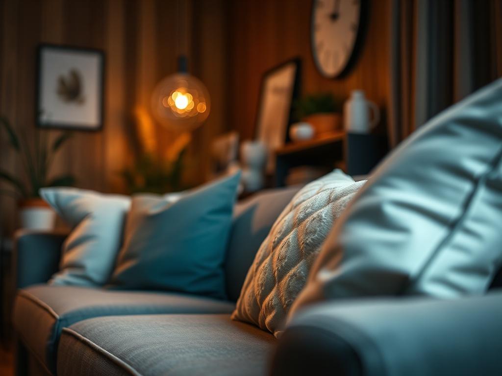 A close-up of a serene and inviting therapy room, featuring a comfortable couch, warm lighting, and a peaceful atmosphere. The image should evoke feelings of safety and comfort, showcasing elements like soft pillows and a calming color palette. Shot with a 45mm f/1.2 lens to emphasize the intimate setting.