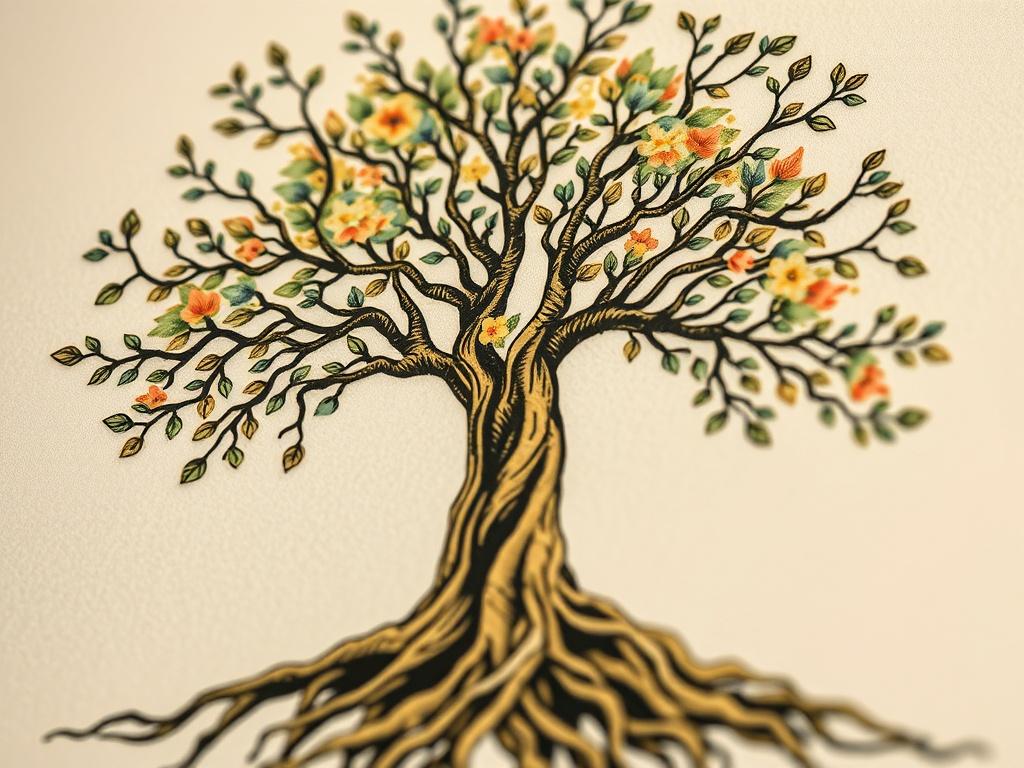 A close-up of a family tree illustration, with symbolic roots and branches representing generational connections. The image should convey a sense of growth and healing, with soft, warm colors that evoke feelings of hope and renewal. Shot with a 45mm f/1.2 lens to highlight the details.