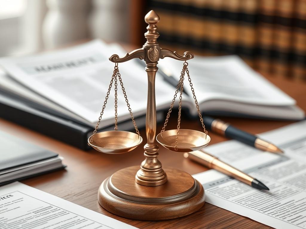 A close-up shot of a lawyer's desk featuring justice scales, legal documents, and a professional setting. The image should be hyper-realistic, showcasing the intricacies of the desk with a focus on the scales symbolizing fairness and justice. The background should be softly blurred to emphasize the desk and its elements, capturing a sense of professionalism and integrity.