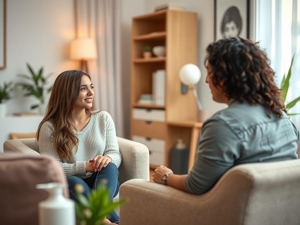 A therapist's office with soft, inviting colors and comfortable seating, where a couple is engaged in a candid conversation about intimacy. The atmosphere is open and supportive, reflecting a safe space for exploring personal feelings.