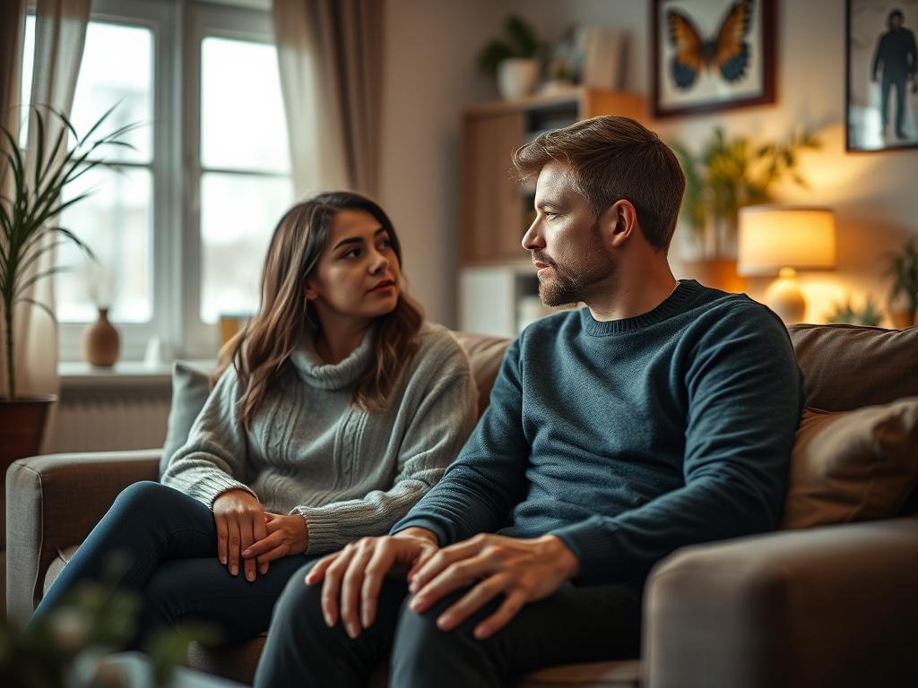 A close-up shot of a couple sitting on a couch in a cozy therapist's office, engaged in a meaningful conversation. The setting is warm and inviting, with soft lighting and comforting decor. The couple's expressions reflect openness and vulnerability, highlighting the therapy process.