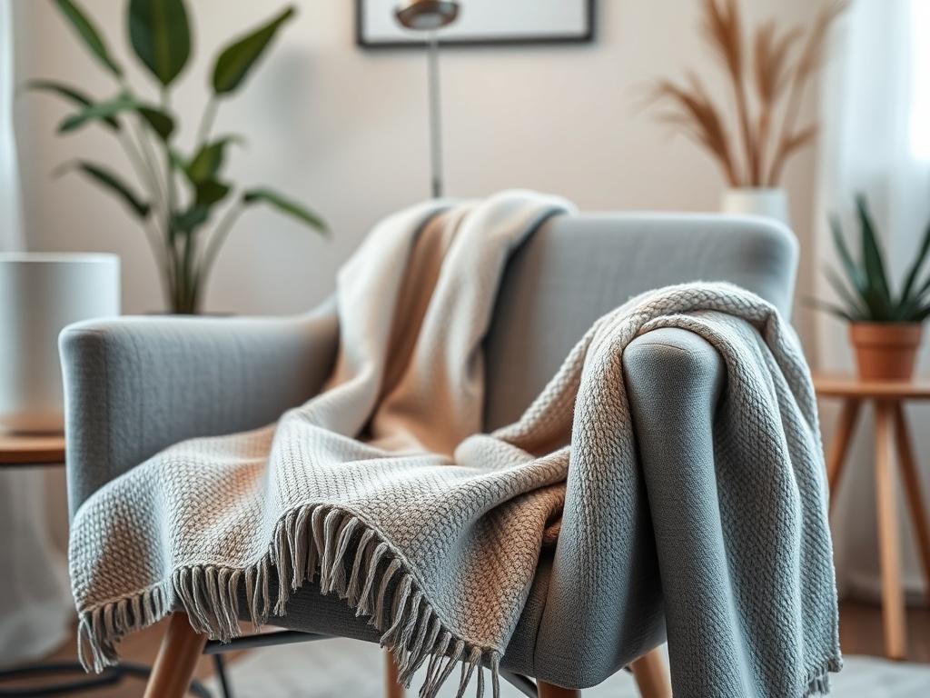A close-up shot of a serene therapist's office, featuring calming colors and soft lighting. The focus is on a comfortable chair with a cozy blanket draped over it, suggesting a safe space for counseling. The background includes subtle elements like plants and soft textures, evoking a sense of tranquility.
