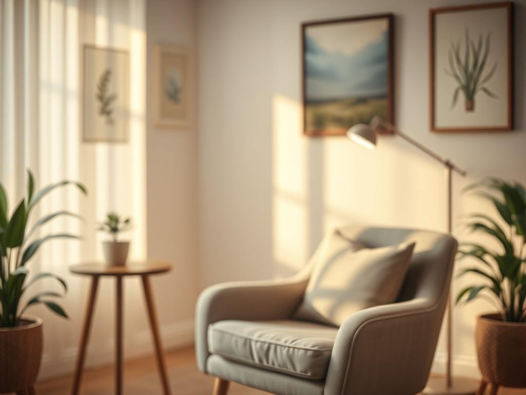 A close-up shot of a warm, inviting therapy room with soft lighting, featuring a comfortable armchair, a small table with a plant, and calming artwork on the walls. The focus is on the armchair, symbolizing a safe space for healing and therapy. The background should be softly blurred to emphasize the subject.