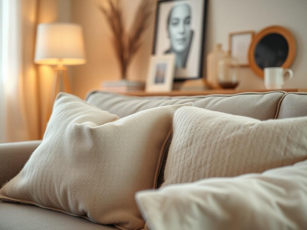 A close-up shot of a serene and intimate setting, featuring soft lighting and comfortable seating. The focus is on a cozy couch with plush pillows, suggesting a safe space for discussions about intimacy. The background includes gentle decor elements that promote relaxation and openness.