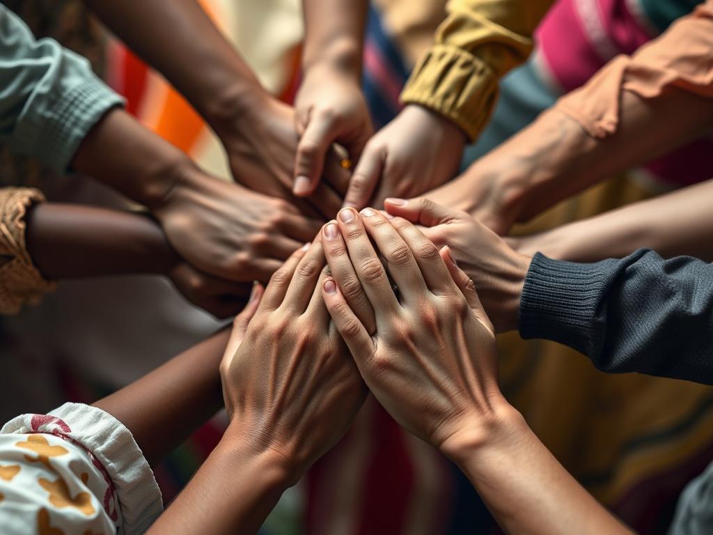 A close-up shot of diverse hands clasped together in a circle, symbolizing unity and support. The background is softly blurred with colorful fabric, representing diversity and inclusion in relationships.