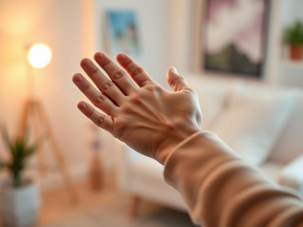A close-up shot of a therapist's hand reaching out to a client with warmth, symbolizing support and compassion. The background is a softly lit therapy room with calming colors.
