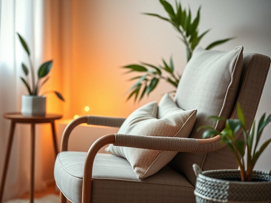 A close-up shot of a serene therapy room with warm lighting, featuring a comfortable chair, soft cushions, and a calming plant. The focus is on the chair, inviting and cozy, symbolizing a safe space for therapy and healing.