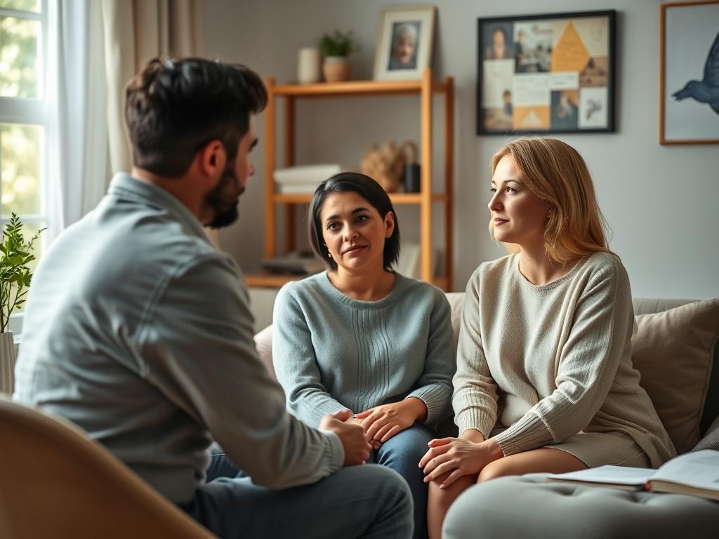 A couple sitting together in a cozy counseling room, engaged in a heartfelt conversation with a therapist. The therapist facilitates the discussion, promoting a warm and supportive environment. The room is decorated with calming colors and personal touches, reflecting emotional intimacy and connection.