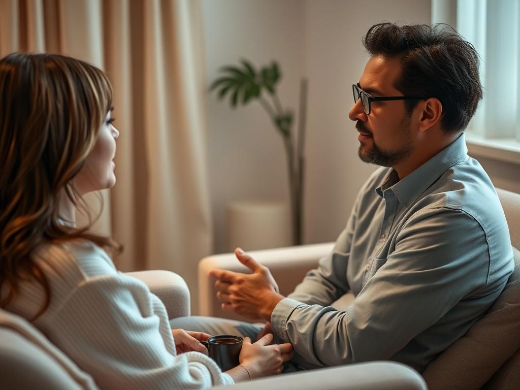 A therapist and a client in a private, soothing space discussing intimate topics. The room features soft colors and comfortable seating, emphasizing a safe and welcoming atmosphere. The focus is on the connection and openness during the therapeutic conversation, capturing a moment of vulnerability and trust.
