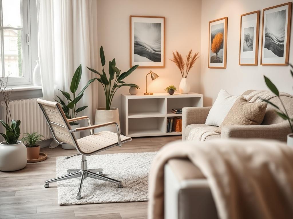 A serene and inviting therapy room with soft lighting, comfortable seating, and soothing decor. A therapist's chair facing a cozy couch, with a warm blanket draped over it. Soft plants and calming art on the walls create a peaceful atmosphere, inviting clients to feel safe and supported.