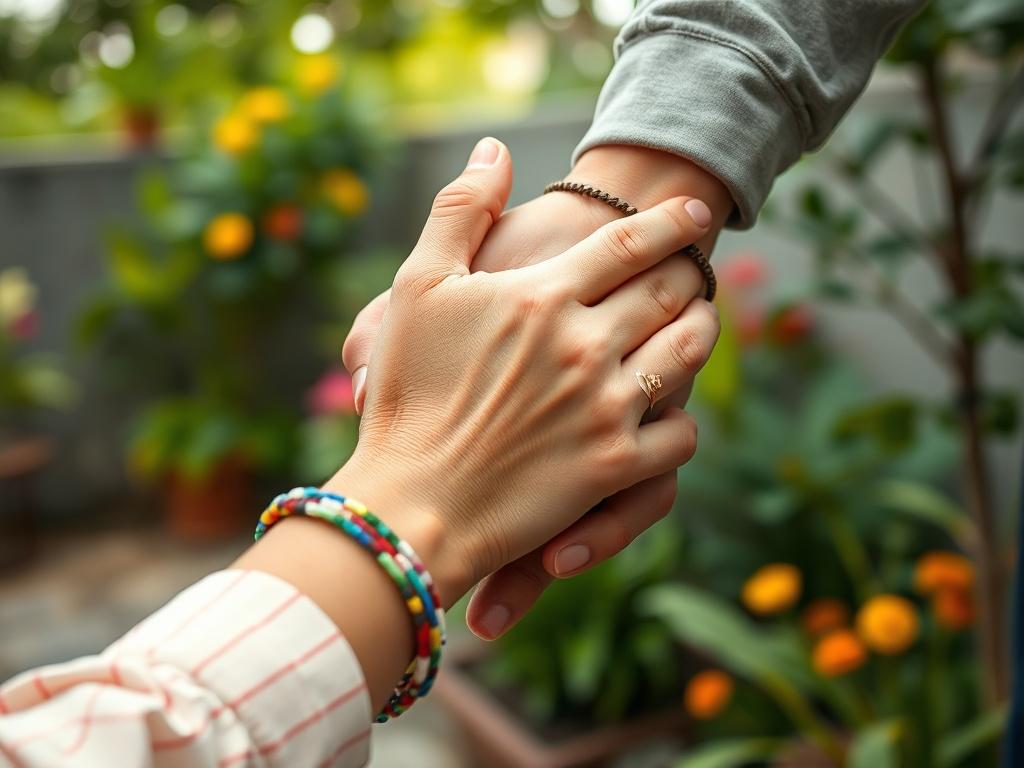 A close-up of two hands, one with a colorful bracelet, intertwined gently, symbolizing connection and support. A soft, blurred background of a tranquil garden setting, reflecting warmth and acceptance, highlighting the importance of diverse relationships.