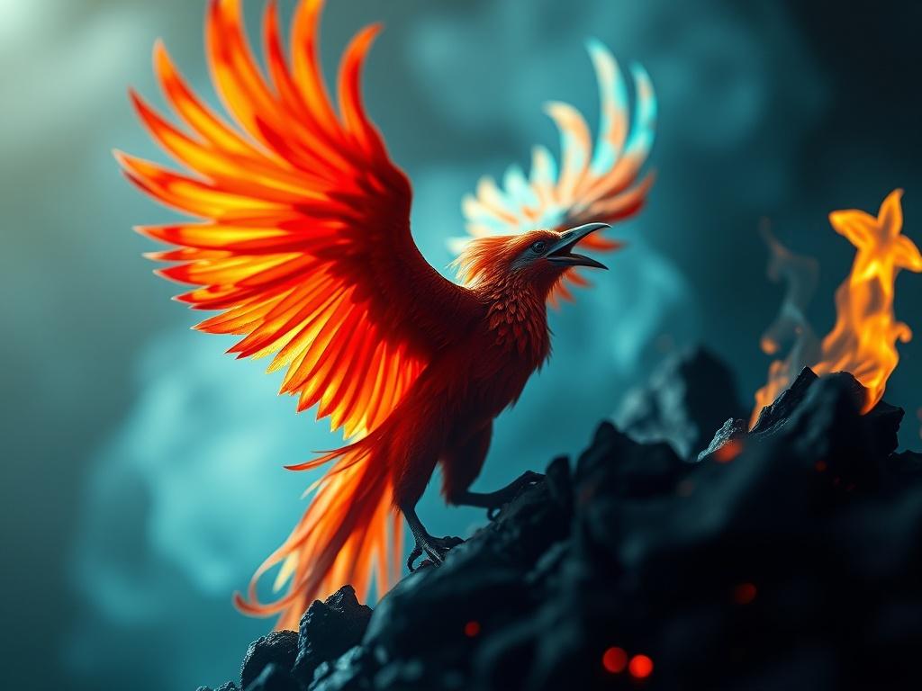 An abstract representation of a phoenix rising from ashes, symbolizing healing and rebirth. The vibrant colors evoke feelings of hope and renewal, with a soft, blurred background to emphasize the central image, creating an uplifting visual experience.
