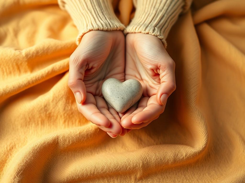 A warm, inviting scene featuring a close-up of a pair of hands gently holding a small, heart-shaped stone. The hands are placed on a soft, textured fabric that provides a comforting background. The focus is on the hands and the stone, symbolizing support and care. The overall ambiance is serene and calming, reflecting the themes of healing and collaboration. The color scheme incorporates shades of gold (rgb(212, 175, 55)) in the fabric and lighting to evoke a sense of warmth and approachability.