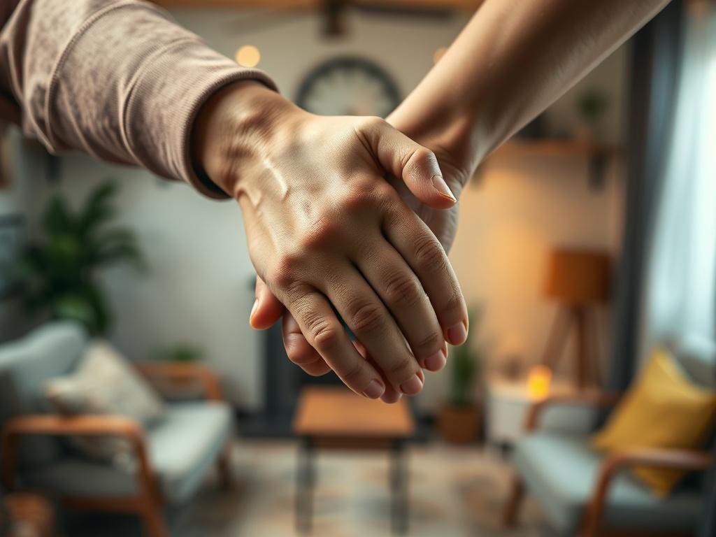 A close-up of hands intertwined, symbolizing connection and intimacy, with a blurred background of a cozy, inviting therapy space that conveys warmth and safety.