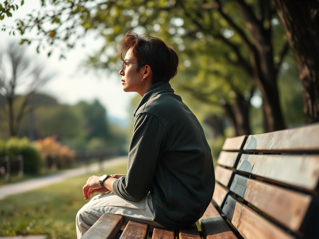 A peaceful outdoor setting with a person sitting on a bench, gazing thoughtfully into the distance, embodying a sense of hope and healing, surrounded by nature's beauty.