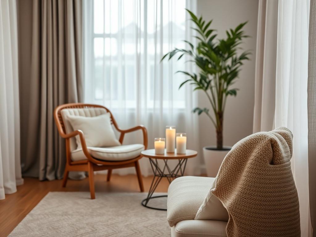 A serene therapy room with soft lighting and comfortable seating, featuring a cozy chair, a small table with soothing candles, and a subtle plant in the background, creating a peaceful and inviting atmosphere for personalized therapy.