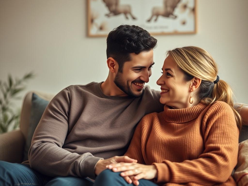 A close-up shot of a diverse couple in a cozy therapy session, sitting on a comfortable couch, looking at each other with warmth and understanding. The background is softly blurred to emphasize their connection, featuring calming colors that evoke a sense of safety and support. The lighting is warm and inviting, creating an intimate atmosphere.