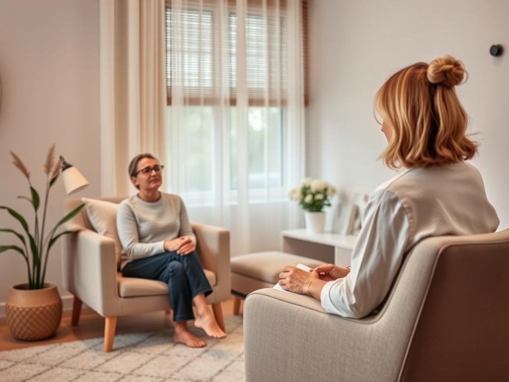 An individual sitting comfortably in a therapy room, engaging in EMDR therapy. The therapist is guiding them, and the room is softly lit, creating a calming atmosphere. Elements like soothing colors and gentle decor contribute to a sense of safety and healing.