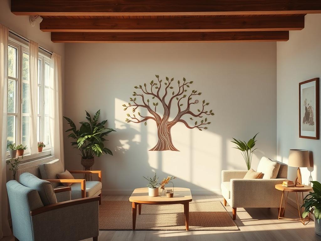 A warm and inviting therapy space filled with soft lighting and comfortable seating. A family tree illustration on the wall symbolizes connection and healing. The atmosphere is peaceful, encouraging individuals to reflect on their family history and foster healing.