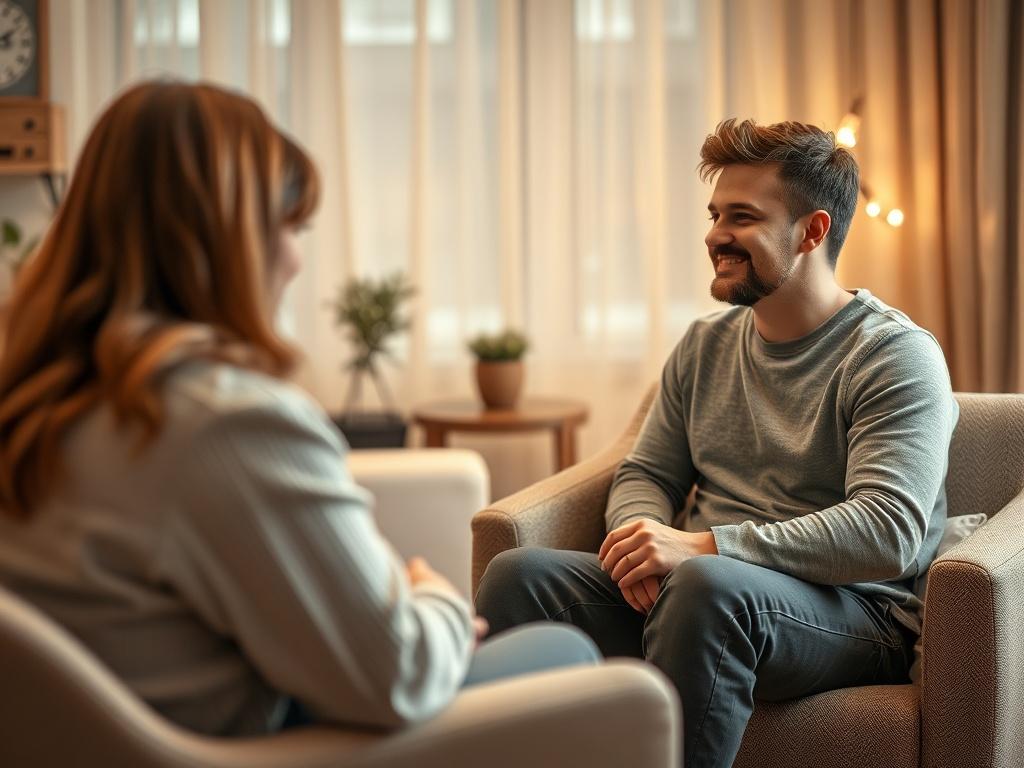 A heartwarming scene of a couple sitting together in a cozy therapy room, engaged in a meaningful conversation with their therapist. Soft lighting and comfortable seating create an intimate atmosphere, promoting openness and connection.