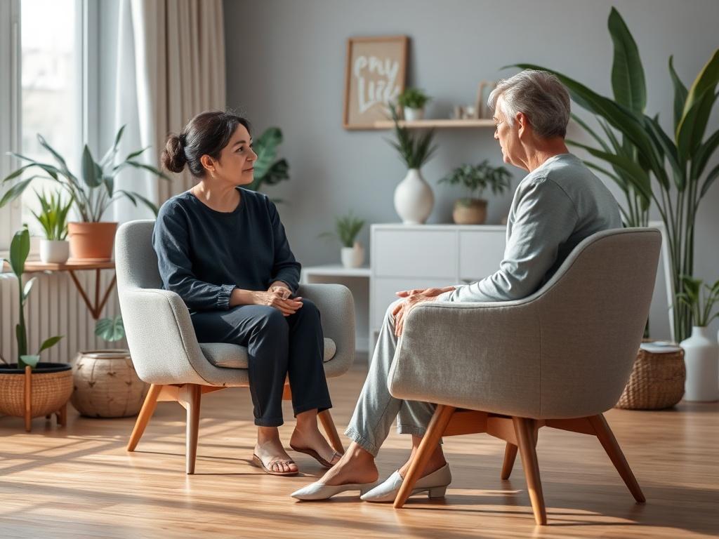 A serene counseling session setting, featuring a comfortable chair and soft lighting, with a therapist and client engaged in a deep conversation. The background should be calming and inviting, with plants and soothing decor, reflecting a nurturing and supportive atmosphere.