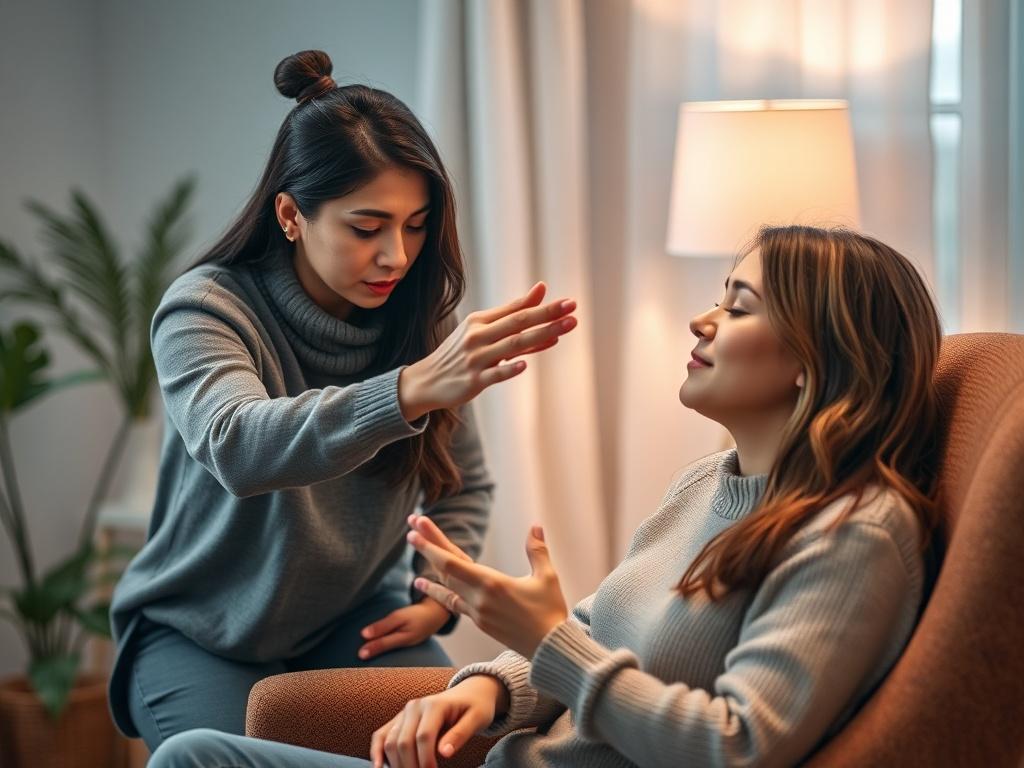 An image of a therapist guiding a client through EMDR therapy, with the client seated comfortably in a cozy chair, eyes gently closed, while following the therapist's hand movements. The room is softly lit, creating a warm and safe environment for healing.
