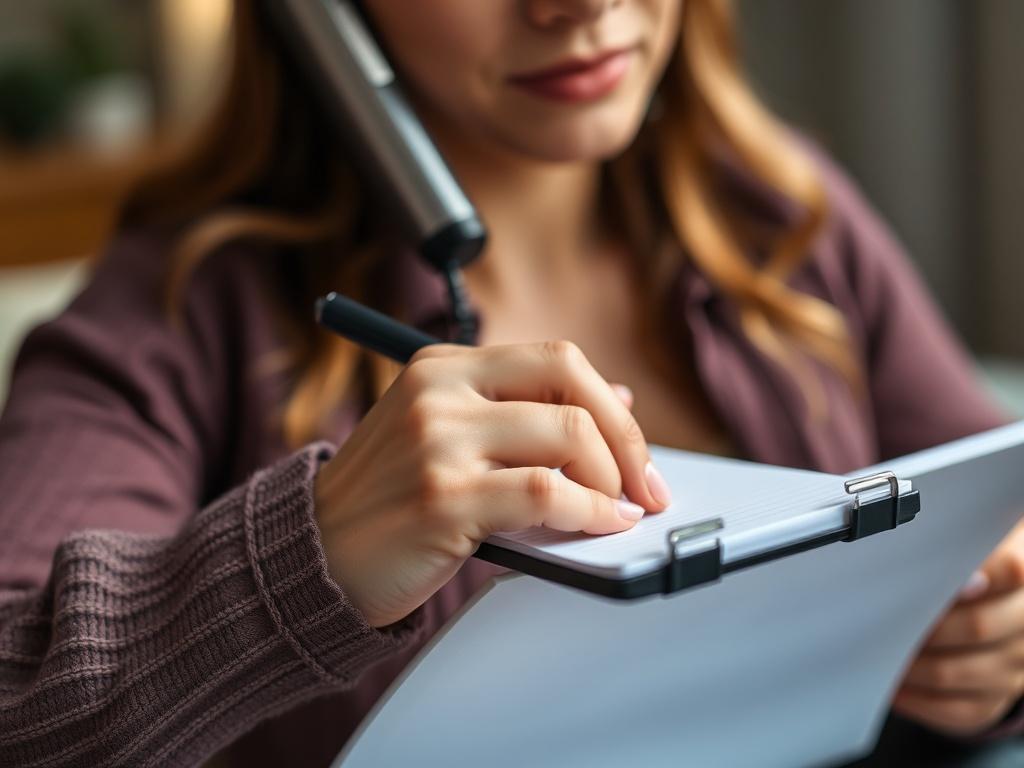 An inviting image that features a close-up of a person talking on the phone with a notepad and pen in hand, symbolizing the process of verifying insurance coverage. The setting should be warm and professional, emphasizing support and guidance in mental health care.