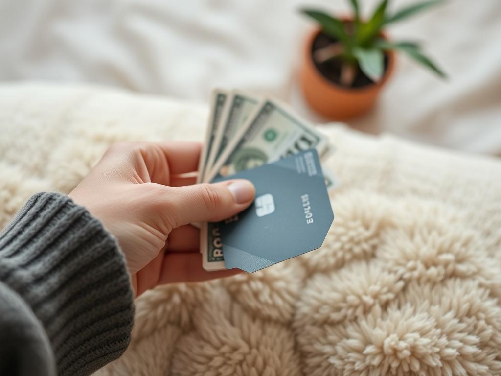 A calming image depicting a close-up of a hand holding cash and a credit card above a soft, inviting surface. The focus should be on the act of payment, symbolizing accessibility and choice in mental health care. The background should be soft and soothing, reflecting a nurturing environment.