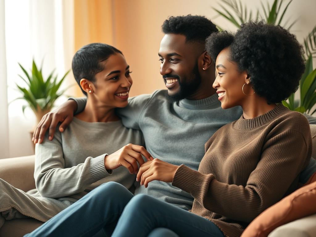 A close-up shot of a diverse couple sitting together on a comfortable couch in a cozy, warmly lit room. They are engaged in an intimate conversation, with one partner gently holding the other's hand. The background features soft, neutral colors with plants in the corners, creating a warm and inviting atmosphere. The focus is on their expressions of trust and openness, capturing a moment of connection and understanding.