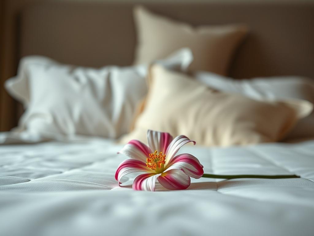 An intimate setting with soft lighting, featuring a comfortable bed adorned with inviting pillows. The focus is on a delicate flower placed on the bed, symbolizing beauty and connection in intimacy.
