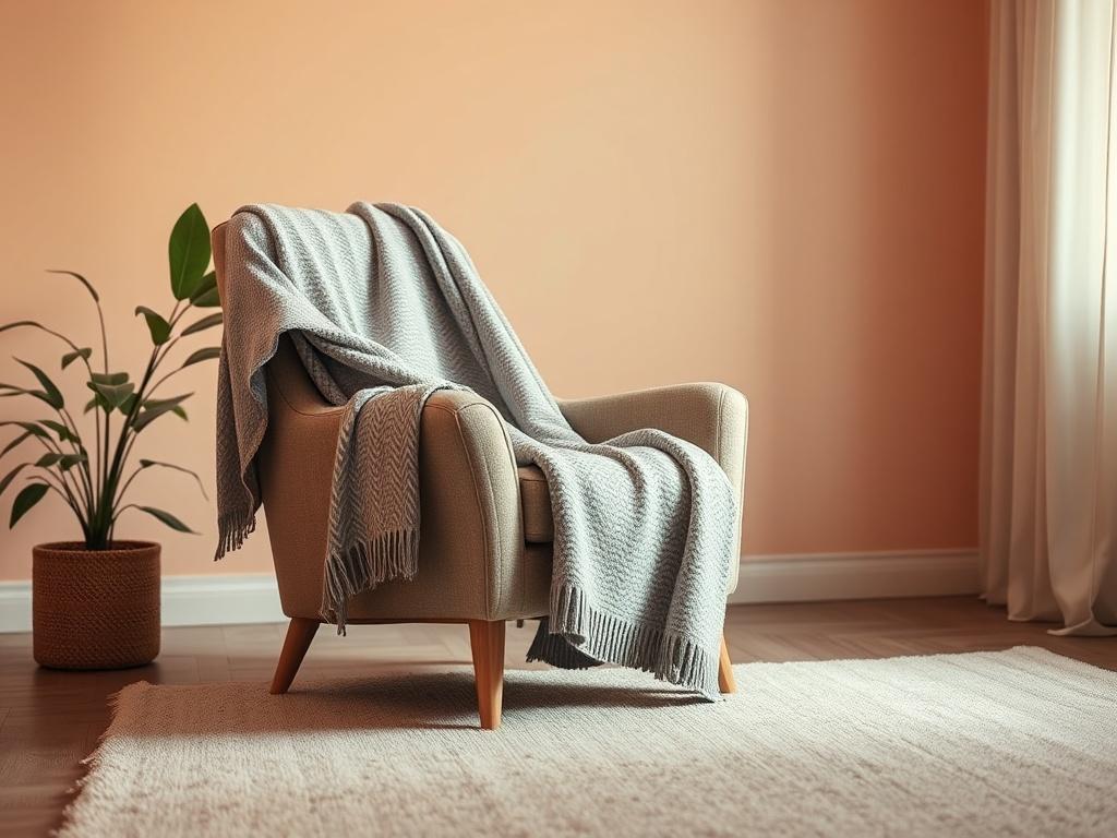 A serene therapy room with soft lighting, a comfortable chair, and a calm atmosphere. The focus is on a single chair with a cozy blanket draped over it, symbolizing a safe space for healing. The background features warm colors and a subtle plant, enhancing the feeling of tranquility.
