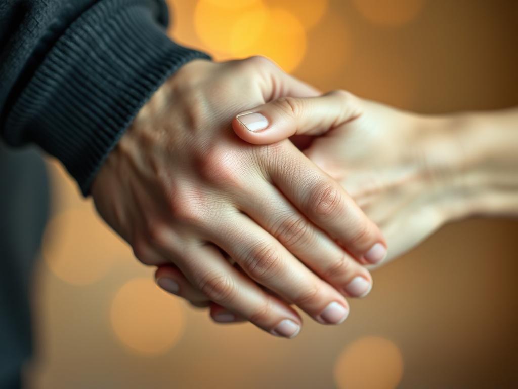 A close-up of two hands gently clasped together, symbolizing connection and support. The background is softly blurred with warm, inviting colors, creating a sense of intimacy and trust.