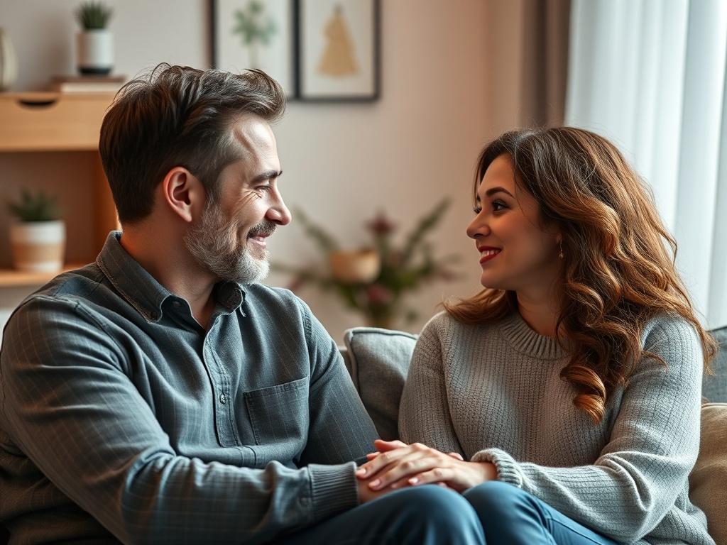 A warm and inviting scene depicting a couple in a supportive counseling session, with elements representing kink and polyamory subtly integrated.