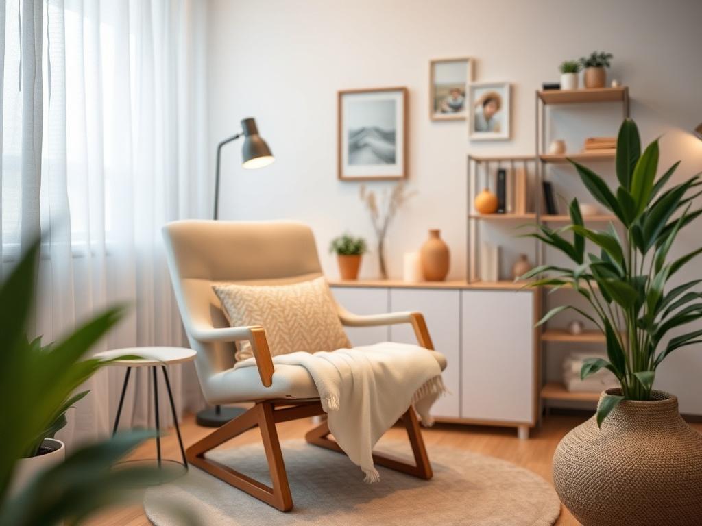 A serene therapy room with soft lighting, a comfortable chair, and calming decor, evoking feelings of safety and warmth.