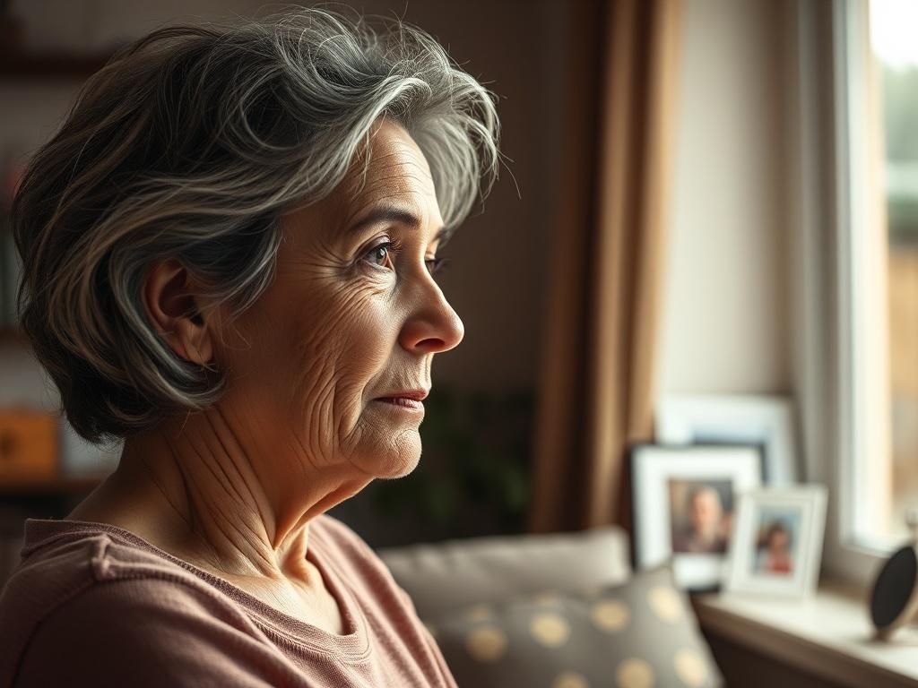 Create a realistic high-resolution photo focusing on the theme of "Understanding Intergenerational Trauma." The composition should be simple and clear, featuring a single subject in the foreground. The subject is a thoughtful middle-aged woman, exhibiting a contemplative expression while gazing out a window. Her features reflect a blend of strength and vulnerability, symbolizing the weight of family history.

The background should be softly blurred, depicting a warm and inviting interior of a cozy living room. Natural light filters through the window, casting gentle shadows that evoke a sense of reflection and introspection. Subtle details, like family photos or heirlooms on a nearby shelf, can be hinted at without being the focal point. The color palette should be muted and warm, enhancing the emotional depth of the scene.

Overall, the image should capture the essence of how trauma can transcend generations, affecting families and relationships, while inviting viewers to engage with the subject's story. Ensure that the image is rendered in a hyper-realistic style and maintains a close-up shot to emphasize the subject's emotions. The final output should resonate with themes of healing, understanding, and connection.