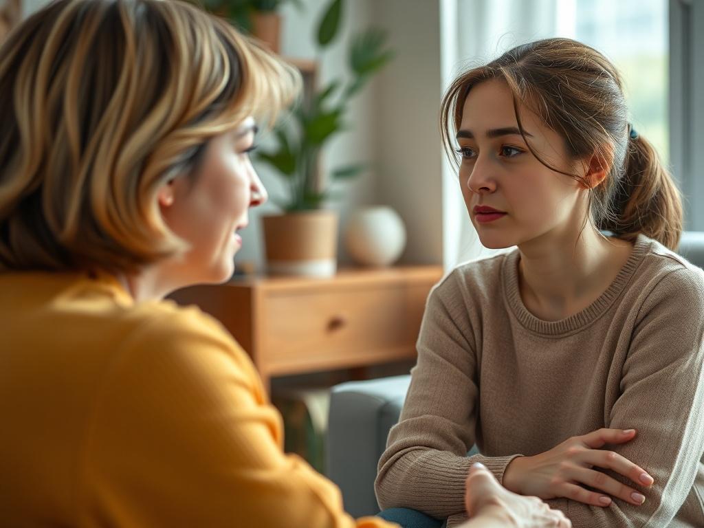 A close-up shot of a serene counseling session, capturing an empathetic counselor listening attentively to a client. The setting is warm and inviting, filled with soft natural light, creating a safe and intimate atmosphere. The counselor, a middle-aged woman, shows genuine concern, while the client, a young adult, expresses vulnerability. The background features calming decor, such as plants and soothing colors, enhancing the feeling of comfort and support.