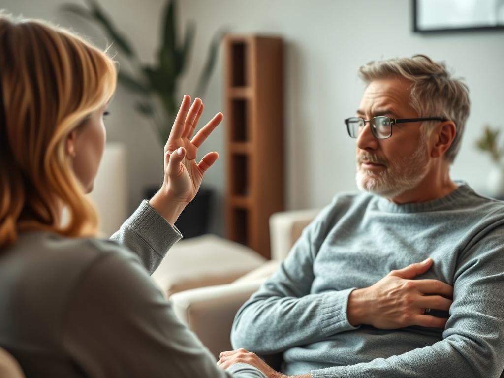 A high-resolution close-up image of a therapist guiding a client through EMDR therapy. The setting is peaceful, with soft lighting and comfortable seating. The therapist, a young woman, demonstrates the eye movement technique, while the client, a middle-aged man, appears focused and engaged. The background includes calming elements like soothing colors and minimalistic decor, emphasizing the therapeutic ambiance.