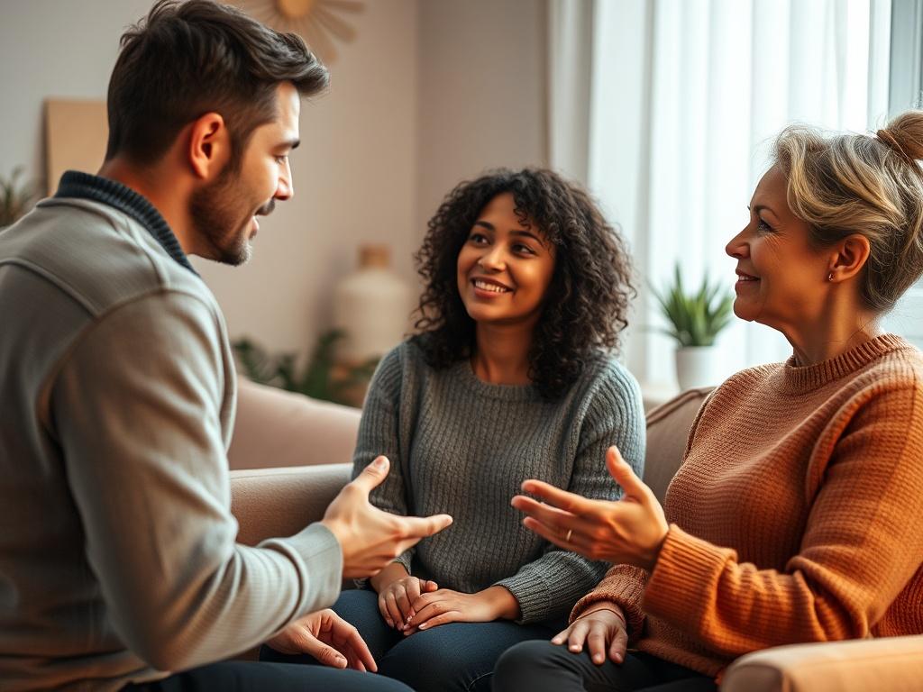 A close-up shot capturing a couples therapy session, featuring a therapist facilitating a discussion between a couple. The setting is cozy and inviting, with warm lighting and comfortable seating. The couple, a young man and woman, are engaged in an open conversation, while the therapist, a middle-aged woman, offers guidance. The background includes soft decor elements that enhance the intimate atmosphere.