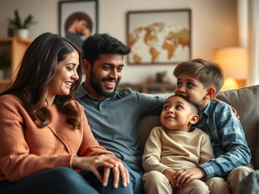 A close-up shot of a diverse family sitting together in a cozy living room, engaging in a heartfelt conversation. The family consists of four members: a mother, father, teenage daughter, and a young son. They are seated on a comfortable sofa, with warm, inviting lighting in the background. The focus is on their expressions, showcasing connection and understanding. The setting is simple and clear, with a soft, neutral color palette that complements the primary color rgb(212, 175, 55).
