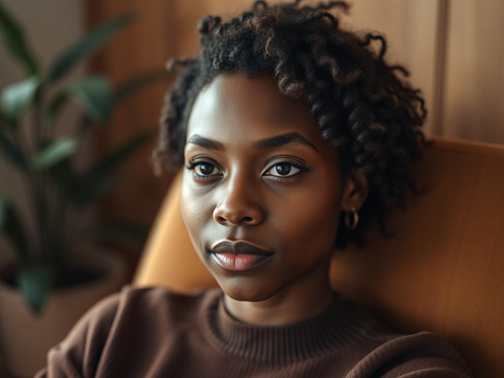 A close-up portrait of a diverse person in a serene counseling session, sitting in a comfortable chair, with a warm and inviting background that suggests safety and trust. Soft lighting highlights the person's face, showing a contemplative expression, with a hint of greenery in the background to evoke peace and healing.