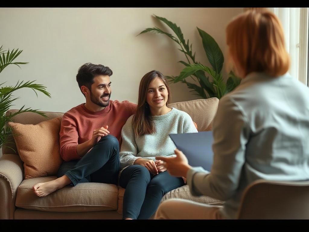 A couple sitting on a comfortable couch in a cozy therapy room, engaged in a heartfelt conversation with a therapist. The room is warmly lit with soft colors, featuring cushions and plants that create an inviting atmosphere. The couple appears connected and open during the session.