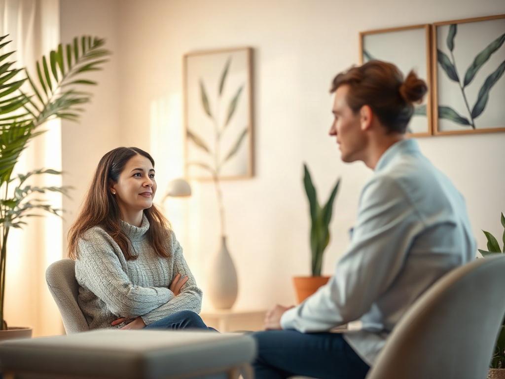 A serene therapy room with soft lighting and comfortable seating, featuring a warm color palette. A single therapist is seated, engaged in a compassionate conversation with a client, who appears reflective. The background includes plants and calming artwork that evokes a sense of safety and support.
