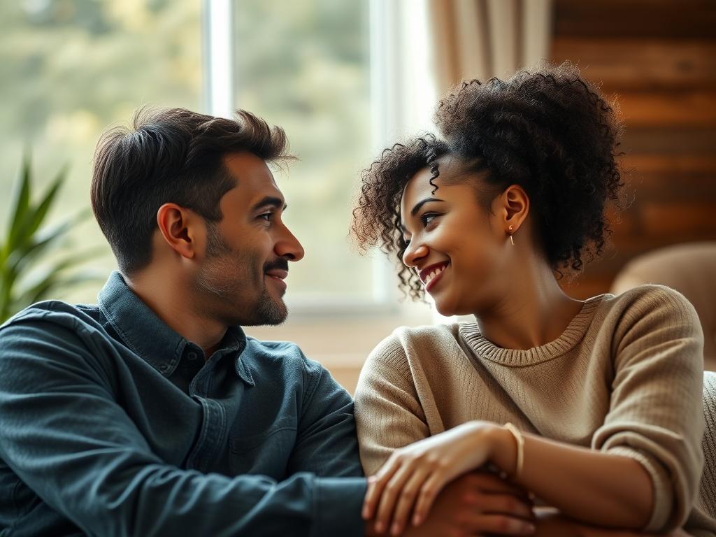A serene close-up shot of a diverse couple sitting together in a peaceful, intimate setting, gazing into each other's eyes, conveying trust and connection. The background features soft, natural lighting with warm, earthy tones, emphasizing a sense of comfort and safety. The scene captures an atmosphere of emotional openness and support, inviting viewers to feel the tranquility and intimacy of the moment.