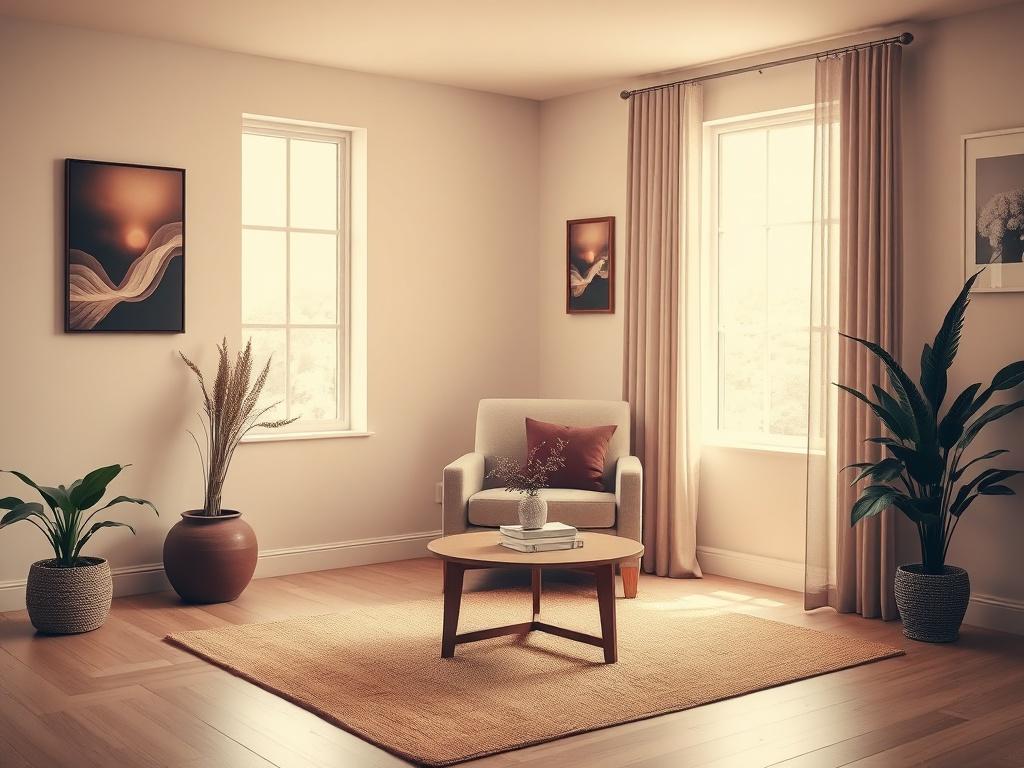A serene indoor therapy space with soft lighting and plum purple accents. The focal point is a comfortable armchair facing a small coffee table with a plant and a stack of books. A warm-toned rug lies underfoot, and the walls are adorned with calming artwork. In the background, a window lets in gentle, natural light, creating a peaceful atmosphere that invites reflection and healing.