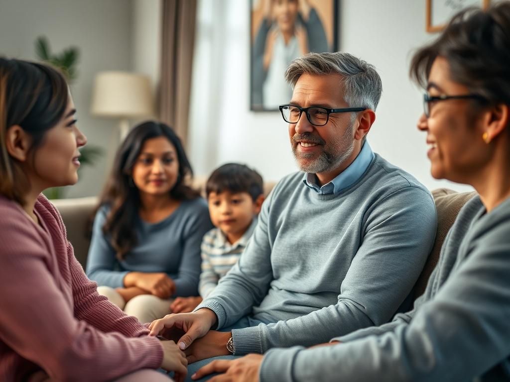 A close-up shot of a compassionate therapist sitting with a diverse family in a cozy, well-lit counseling room. The therapist is attentively listening, while family members express their feelings. The background features soothing colors and comfortable furniture, creating a warm and inviting atmosphere. The image should evoke a sense of safety and openness, focusing on the human connection and emotional support.