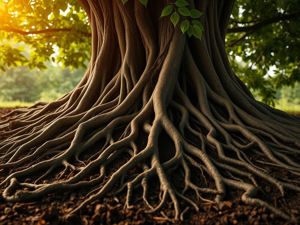 A warm, inclusive photo depicting tree roots intertwined in rich, dark soil, symbolizing deep healing and connection. The composition should focus on the roots, showcasing their complexity and strength, with soft natural light filtering through leaves above, creating a serene and inviting atmosphere.